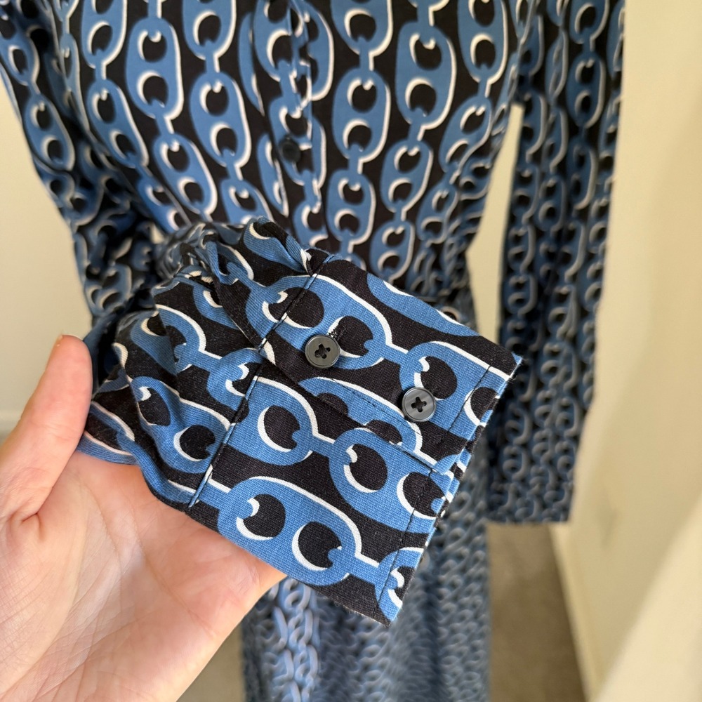Boden Laura Midi Shirt Dress Blue Chain Link Tencel Cotton Sz 6 Mod Retro Office - Picture 6 of 10